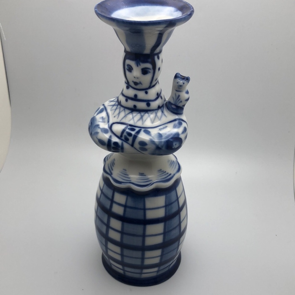 VTG Russian Gzhel CandleStick Holder Blue White Porcelain Collectible